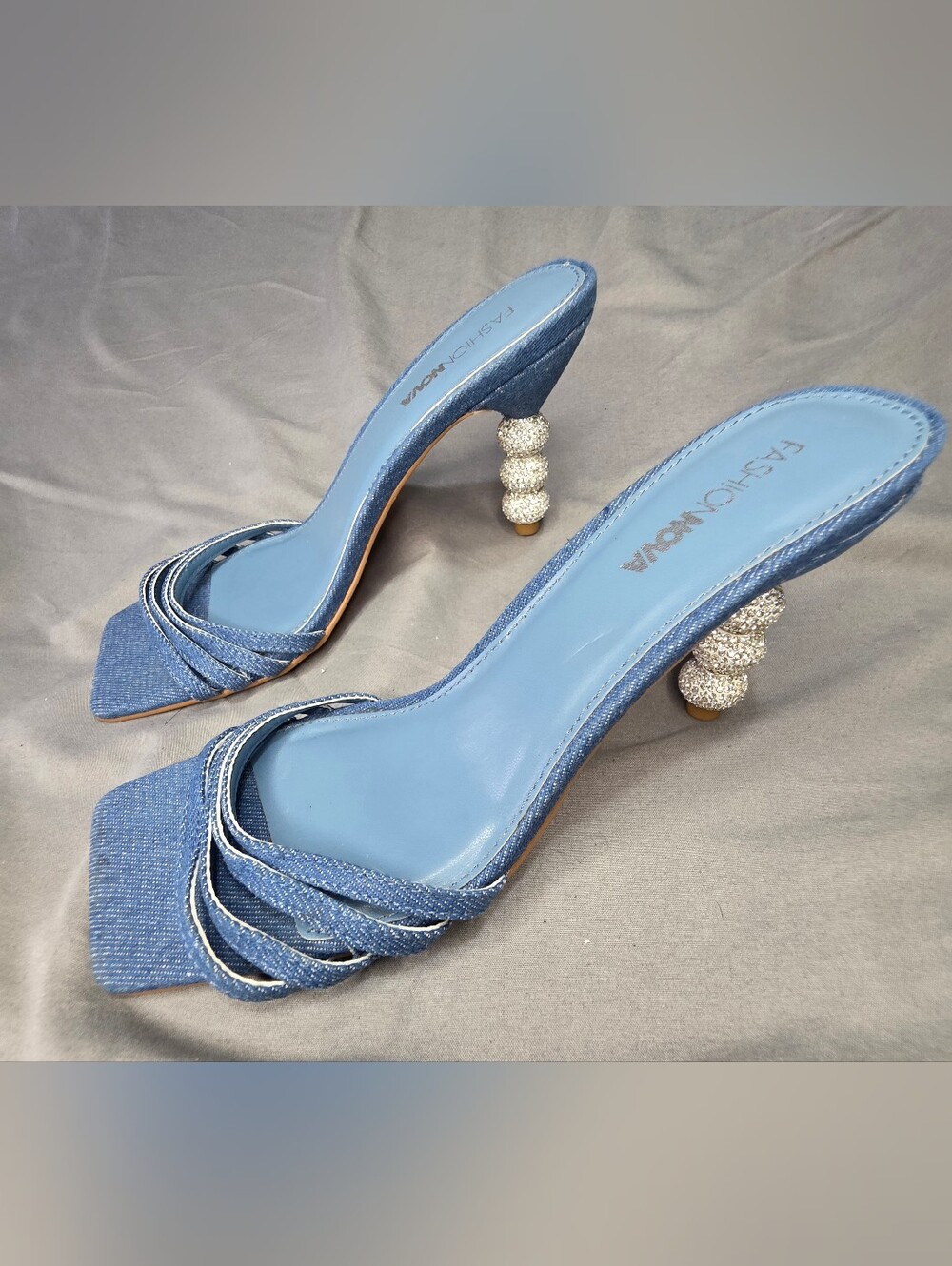 Fashion Nova Monica Denim Rhinestone Ball Heel Mules Size 7